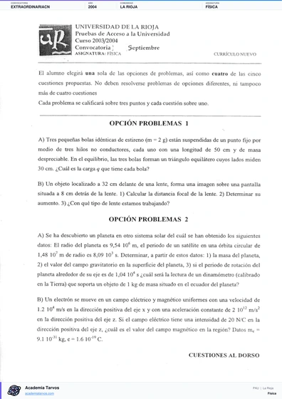 Vista previa de Examen PAU de Física de La Rioja 2004 – Extraordinaria