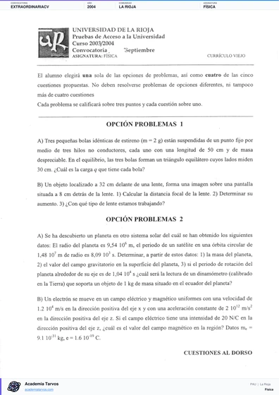 Vista previa de Examen PAU de Física de La Rioja 2004 – Extraordinaria