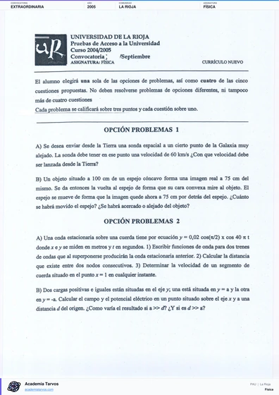 Vista previa de Examen PAU de Física de La Rioja 2005 – Extraordinaria