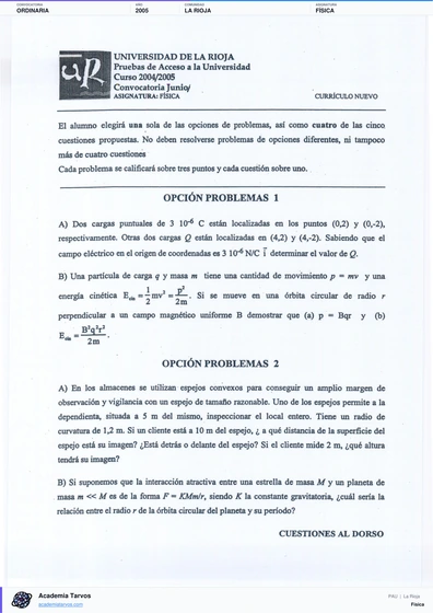 Vista previa de Examen PAU de Física de La Rioja 2005 – Ordinaria