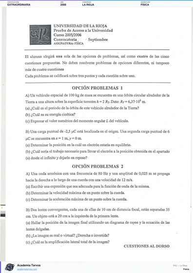Vista previa de Examen PAU de Física de La Rioja 2006 – Extraordinaria