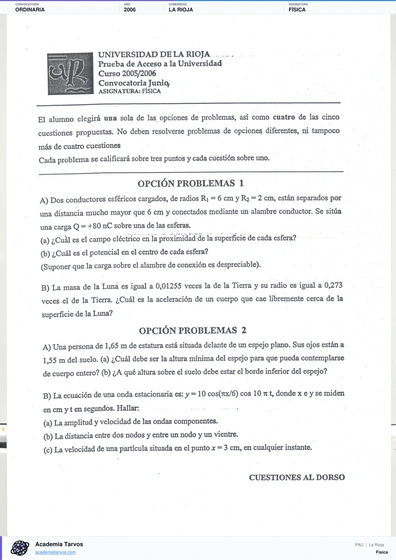 Vista previa de Examen PAU de Física de La Rioja 2006 – Ordinaria