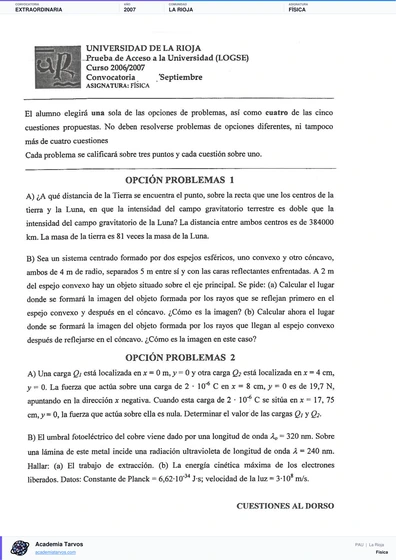 Vista previa de Examen PAU de Física de La Rioja 2007 – Extraordinaria