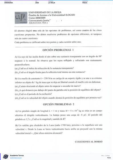Vista previa de Examen PAU de Física de La Rioja 2009 – Ordinaria