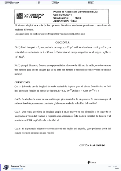 Vista previa de Examen PAU de Física de La Rioja 2011 – Extraordinaria