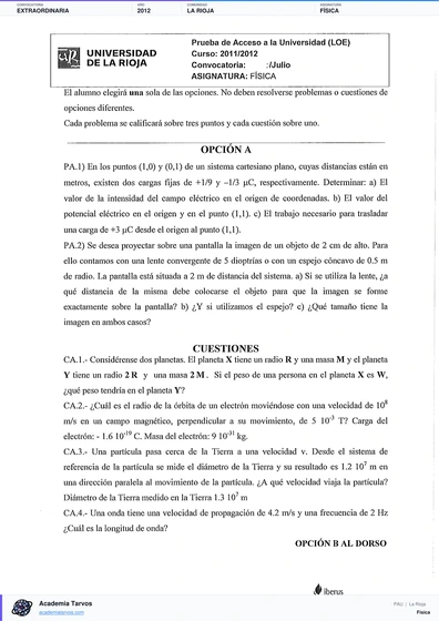 Vista previa de Examen PAU de Física de La Rioja 2012 – Extraordinaria