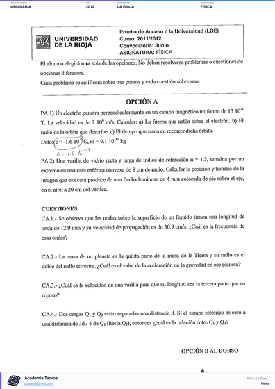Vista previa de Examen PAU de Física de La Rioja 2012 – Ordinaria