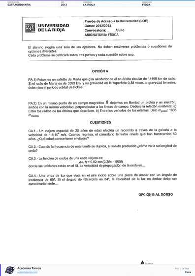Vista previa de Examen PAU de Física de La Rioja 2013 – Extraordinaria