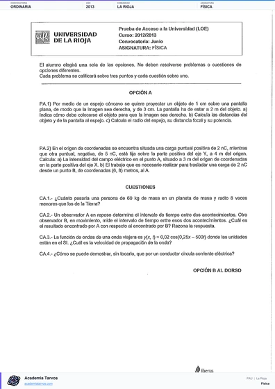 Vista previa de Examen PAU de Física de La Rioja 2013 – Ordinaria