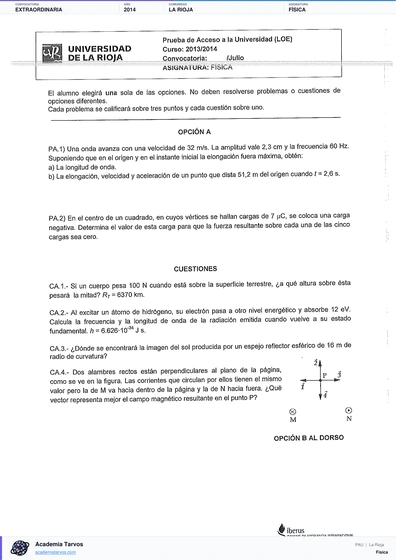 Vista previa de Examen PAU de Física de La Rioja 2014 – Extraordinaria