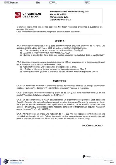 Vista previa de Examen PAU de Física de La Rioja 2015 – Extraordinaria