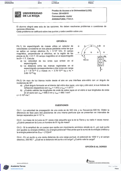 Vista previa de Examen PAU de Física de La Rioja 2015 – Ordinaria