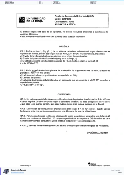Vista previa de Examen PAU de Física de La Rioja 2016 – Ordinaria