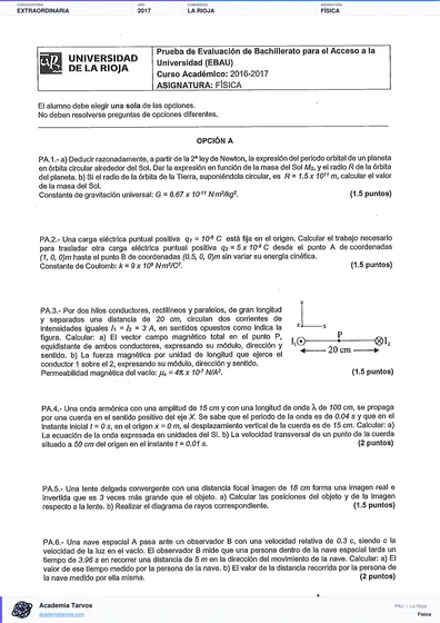 Vista previa de Examen PAU de Física de La Rioja 2017 – Extraordinaria