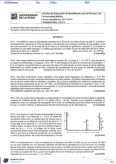 Vista previa de Examen PAU de Física de La Rioja 2018 – Extraordinaria