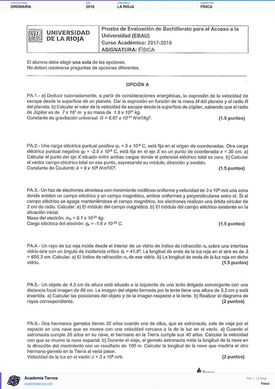 Vista previa de Examen PAU de Física de La Rioja 2018 – Ordinaria