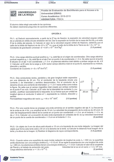 Vista previa de Examen PAU de Física de La Rioja 2019 – Extraordinaria