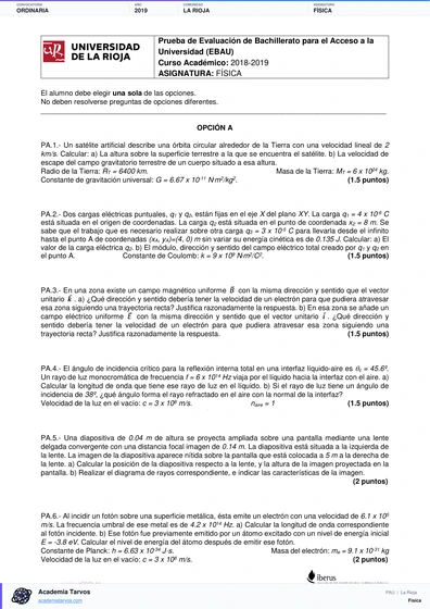 Vista previa de Examen PAU de Física de La Rioja 2019 – Ordinaria