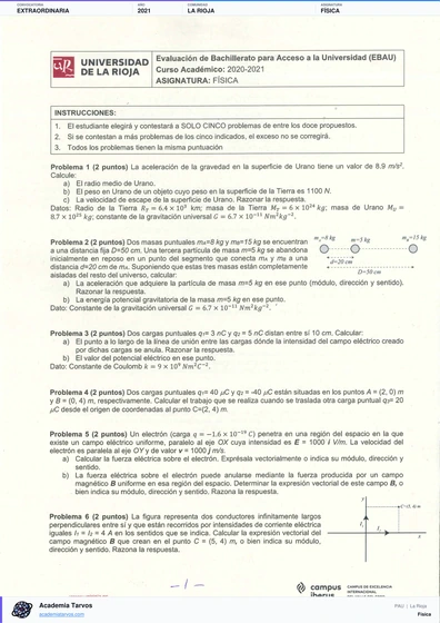 Vista previa de Examen PAU de Física de La Rioja 2021 – Extraordinaria
