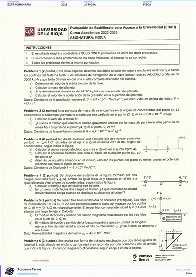 Vista previa de Examen PAU de Física de La Rioja 2023 – Extraordinaria