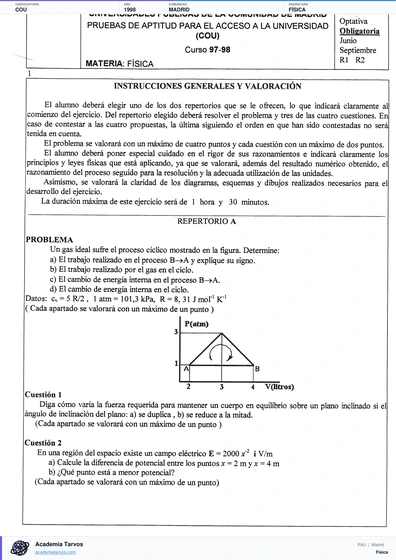 Vista previa de Examen PAU de Física de Comunidad de Madrid 1998 – COU