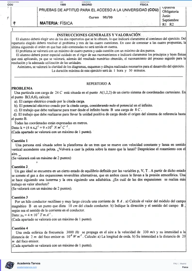 Vista previa de Examen PAU de Física de Comunidad de Madrid 1999 – COU