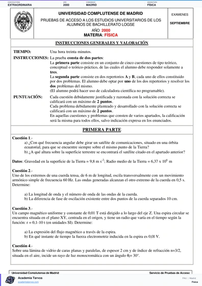 Vista previa de Examen PAU de Física de Comunidad de Madrid 2000 – Extraordinaria