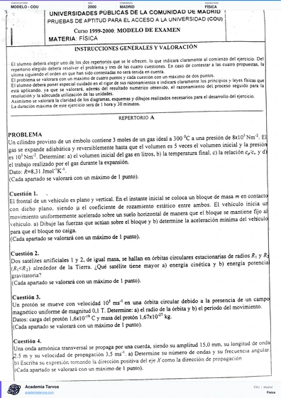 Vista previa de Modelo PAU de Física de Comunidad de Madrid 2000 – Modelo COU