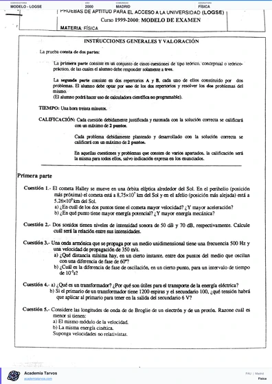 Vista previa de Modelo PAU de Física de Comunidad de Madrid 2000 – Modelo LOGSE