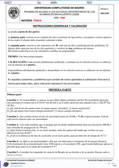 Vista previa de Modelo PAU de Física de Comunidad de Madrid 2000