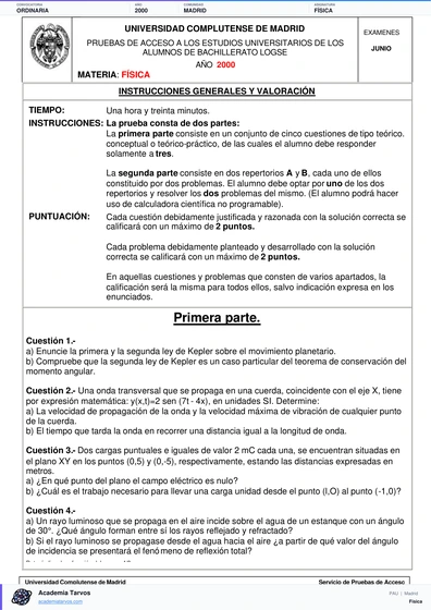 Vista previa de Examen PAU de Física de Comunidad de Madrid 2000 – Ordinaria