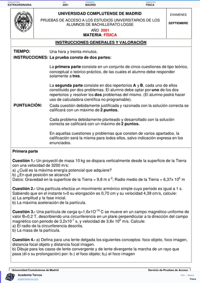 Vista previa de Examen PAU de Física de Comunidad de Madrid 2001 – Extraordinaria