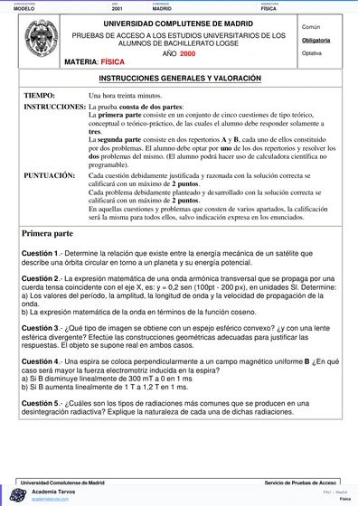 Vista previa de Modelo PAU de Física de Comunidad de Madrid 2001