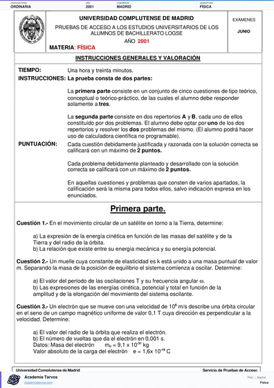 Vista previa de Examen PAU de Física de Comunidad de Madrid 2001 – Ordinaria