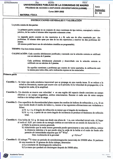Vista previa de Examen PAU de Física de Comunidad de Madrid 2002 – Extraordinaria