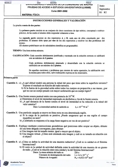 Vista previa de Modelo PAU de Física de Comunidad de Madrid 2002