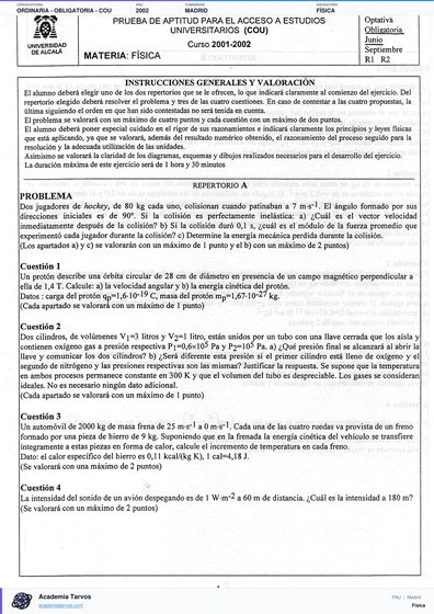 Vista previa de Examen PAU de Física de Comunidad de Madrid 2002 – Ordinaria   Obligatoria   COU