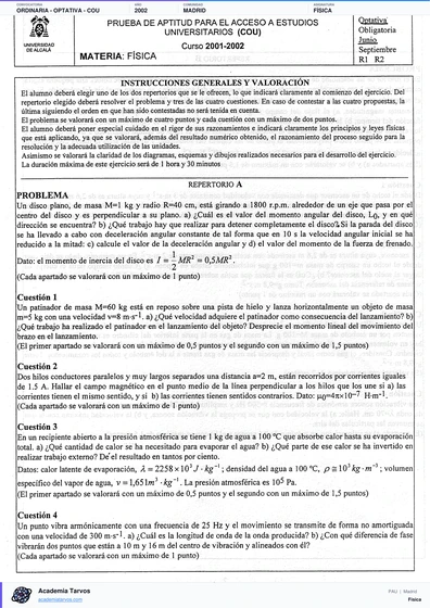 Vista previa de Examen PAU de Física de Comunidad de Madrid 2002 – Ordinaria   Optativa   COU