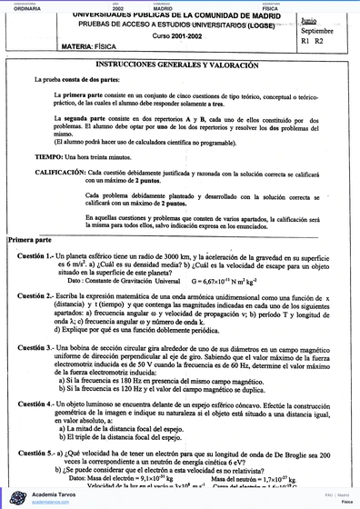Vista previa de Examen PAU de Física de Comunidad de Madrid 2002 – Ordinaria