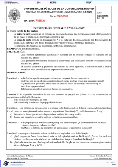 Vista previa de Examen PAU de Física de Comunidad de Madrid 2003 – Extraordinaria