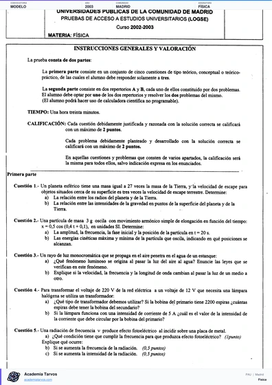 Vista previa de Modelo PAU de Física de Comunidad de Madrid 2003