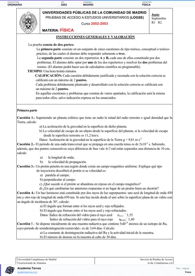 Vista previa de Examen PAU de Física de Comunidad de Madrid 2003 – Ordinaria