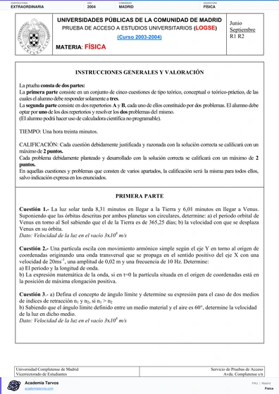 Vista previa de Examen PAU de Física de Comunidad de Madrid 2004 – Extraordinaria