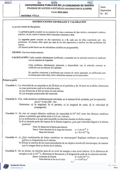 Vista previa de Modelo PAU de Física de Comunidad de Madrid 2004