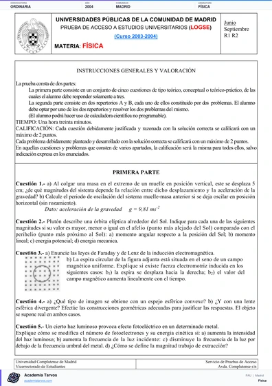 Vista previa de Examen PAU de Física de Comunidad de Madrid 2004 – Ordinaria