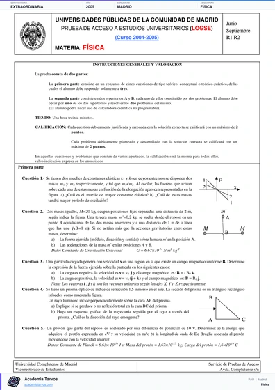 Vista previa de Examen PAU de Física de Comunidad de Madrid 2005 – Extraordinaria