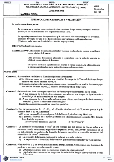 Vista previa de Modelo PAU de Física de Comunidad de Madrid 2005
