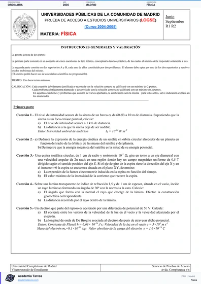 Vista previa de Examen PAU de Física de Comunidad de Madrid 2005 – Ordinaria