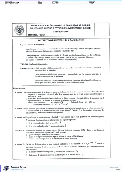 Vista previa de Examen PAU de Física de Comunidad de Madrid 2006 – Extraordinaria