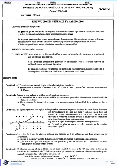 Vista previa de Modelo PAU de Física de Comunidad de Madrid 2006